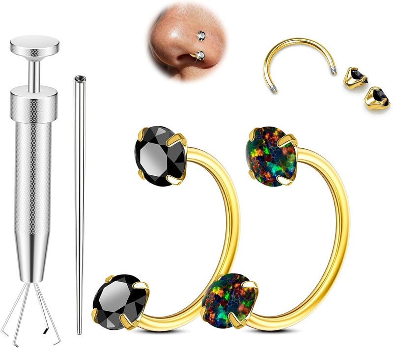 AMASIS Opal Nose Ring Studs Horseshoe Nose Rings Hoops Stud 316L Stainless Steel Nose Rings Round CZ Square Screw L Shaped Nose Stud Hypoallergenic Nostril Piercing Jewelry for Women Men - Image 1